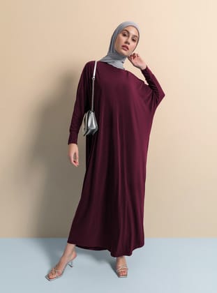 Yarasa Kollu Tesettür Elbise - Mor - ZENANE