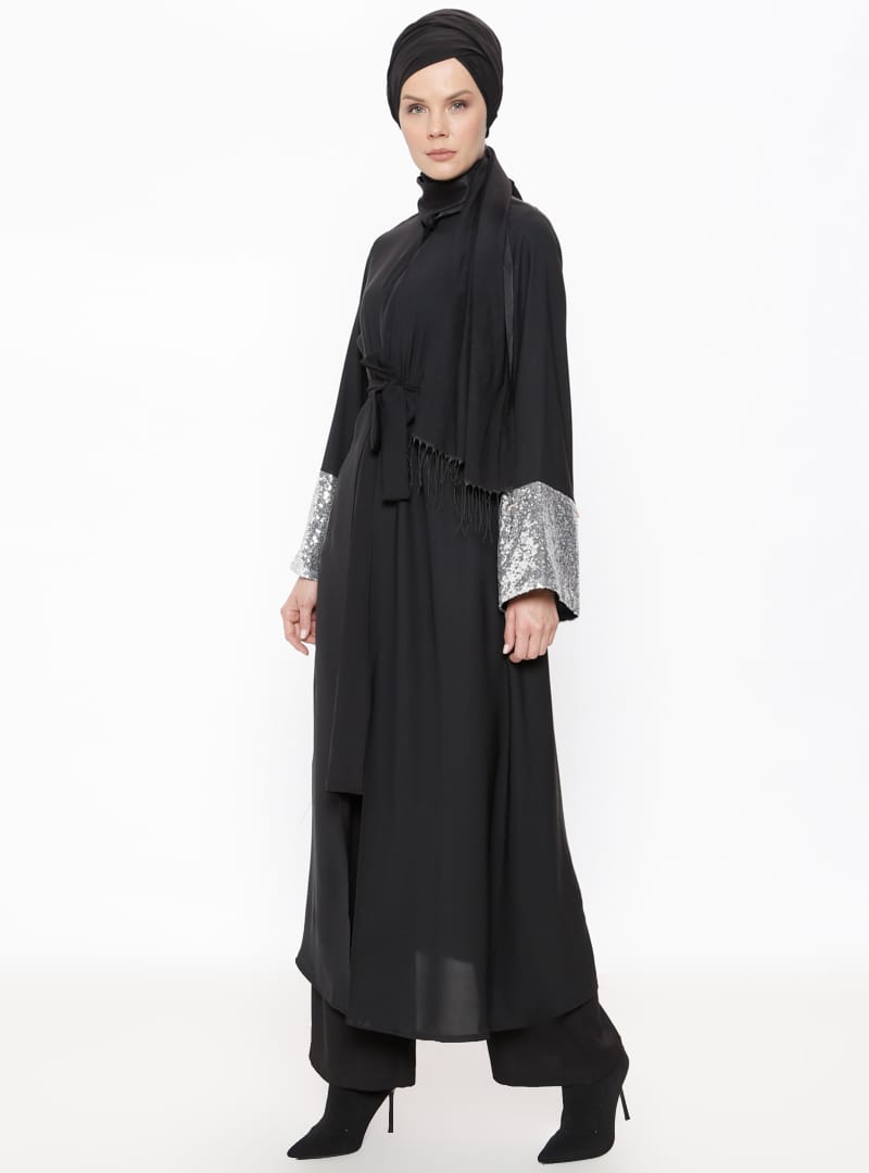 Kolları Payetli Abaya - Gümüş Siyah - Filizzade - Resim 2