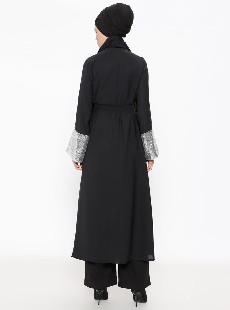 Kolları Payetli Abaya - Gümüş Siyah - Filizzade - Resim 3