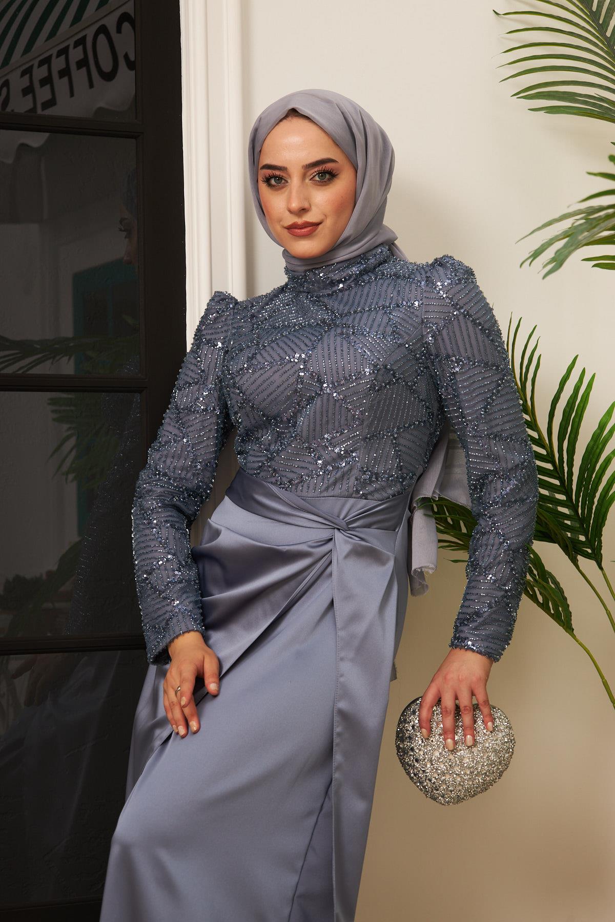 Taş İşlemeli Bel Bağlamalı Etekli Abiye - Gri - Resim 4