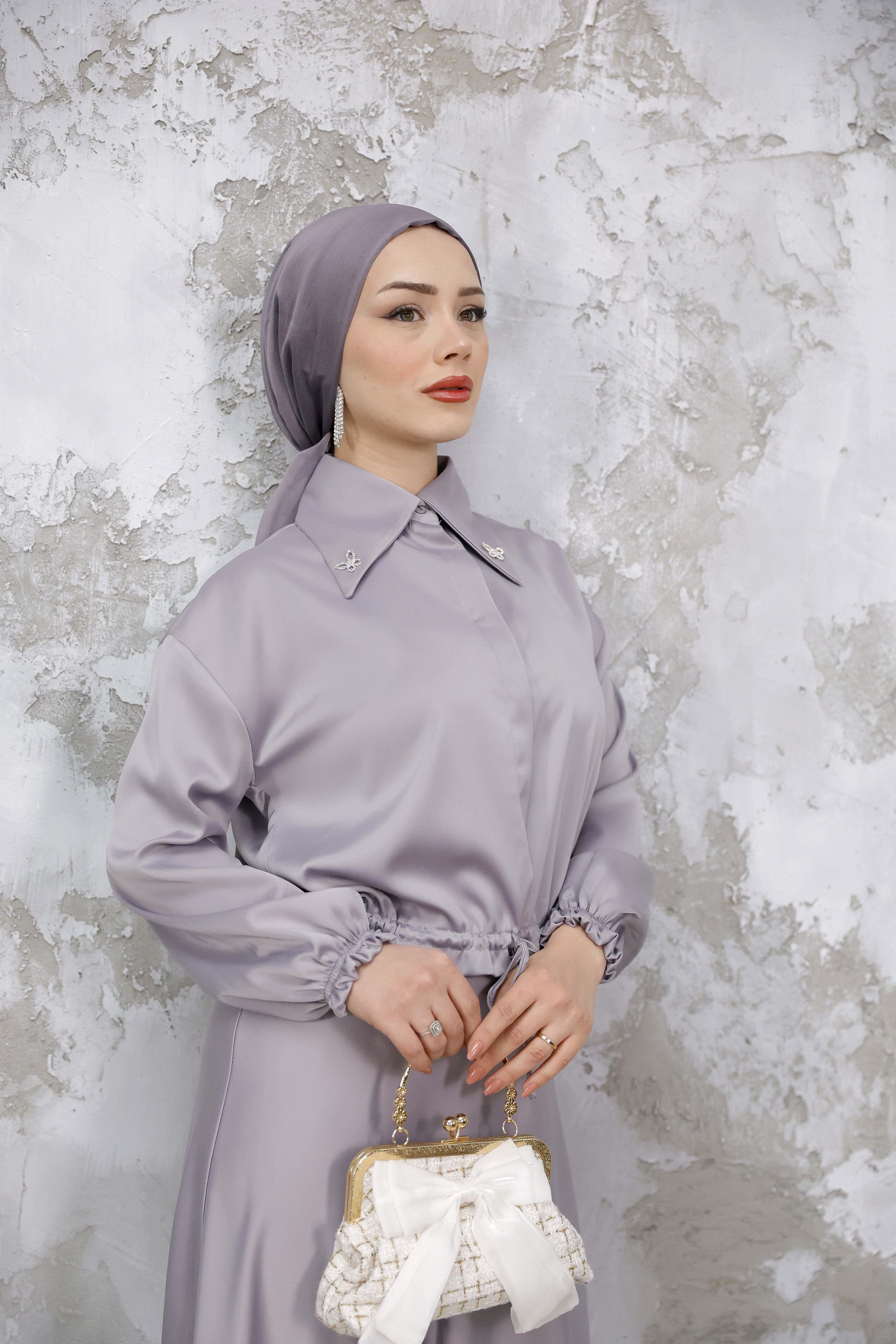 Saten Etekli Takım - Gri - Resim 4