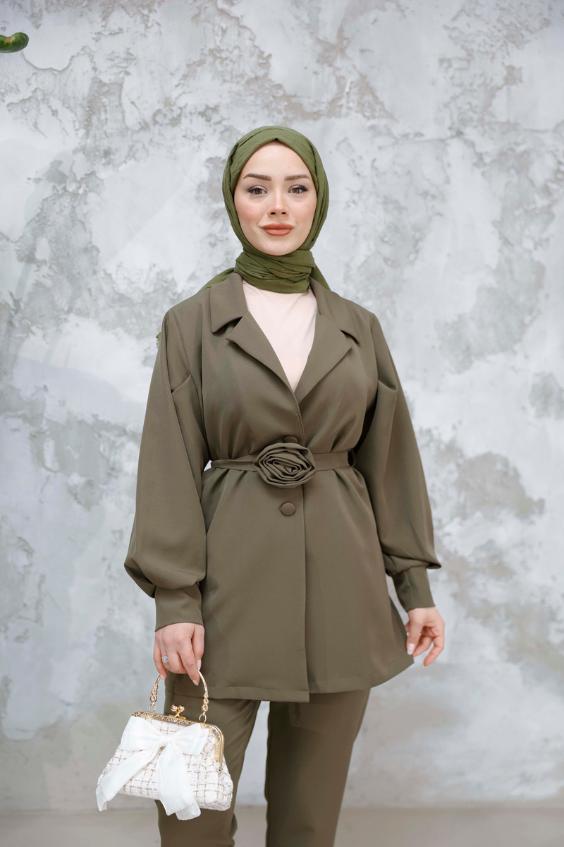 Gül Detay Krep Takım - Haki