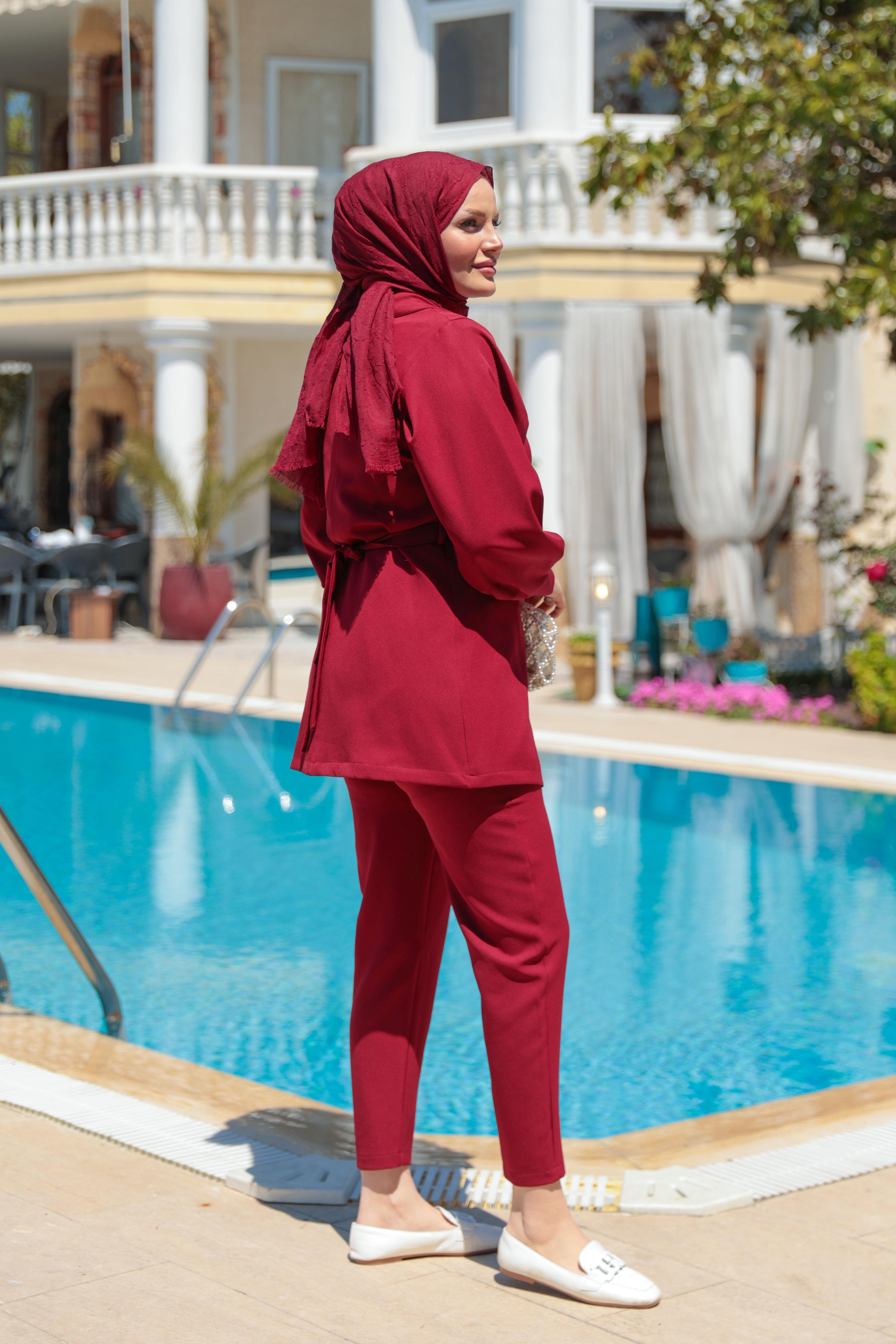Gül Detay Krep Takım - Bordo - Resim 3