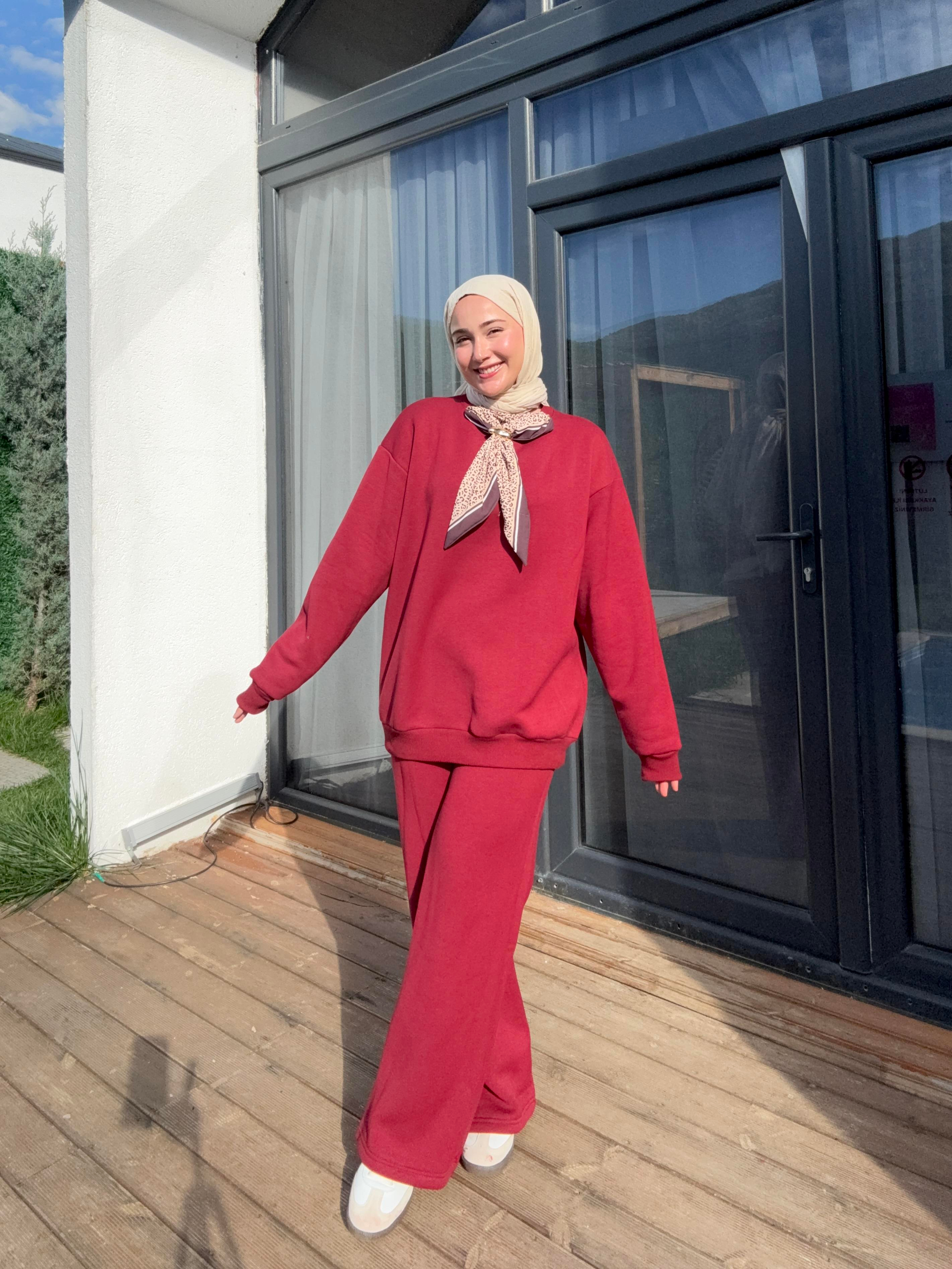 Yaka Fular Detay Takım - Bordo