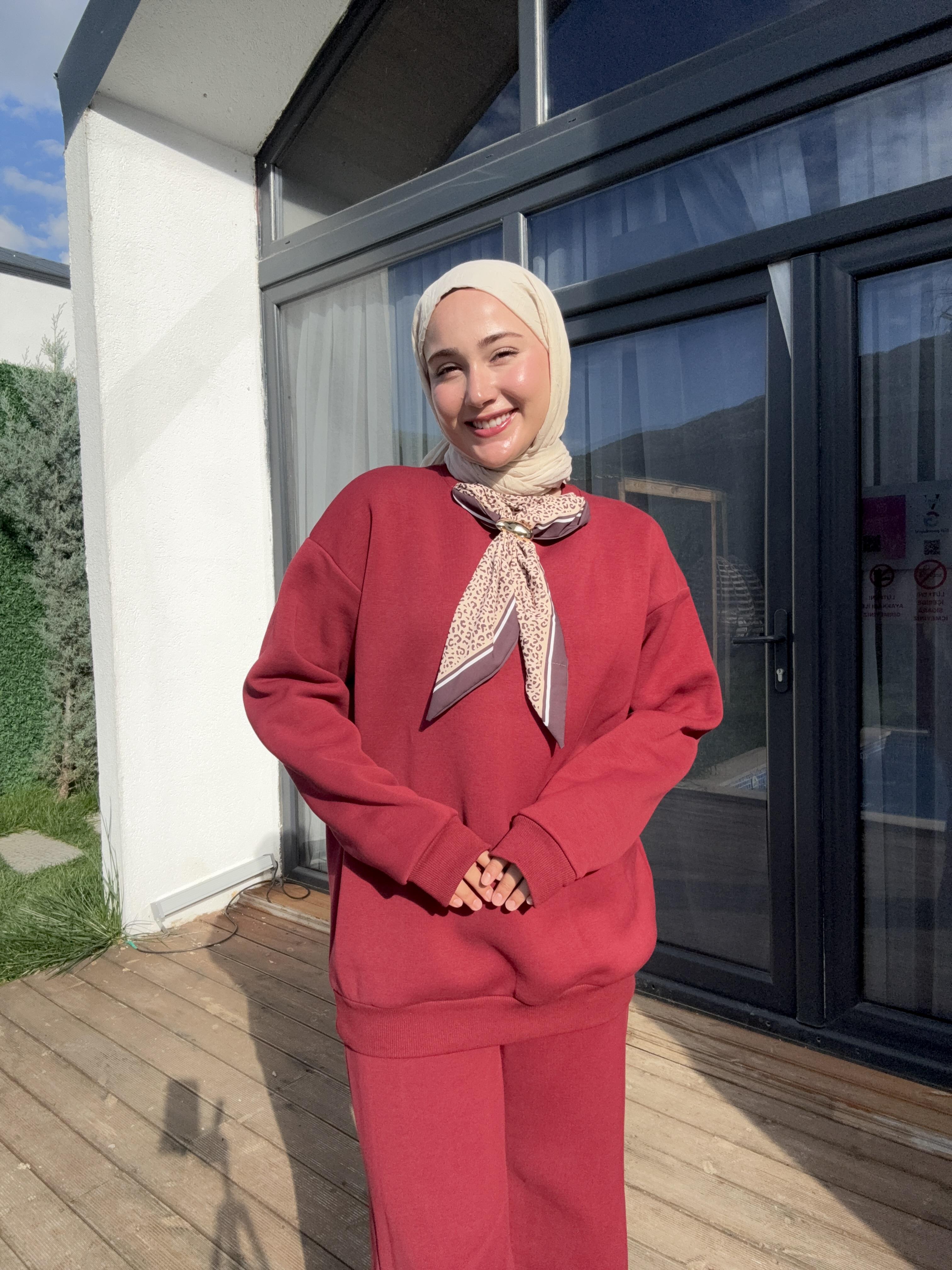 Yaka Fular Detay Takım - Bordo - Resim 2