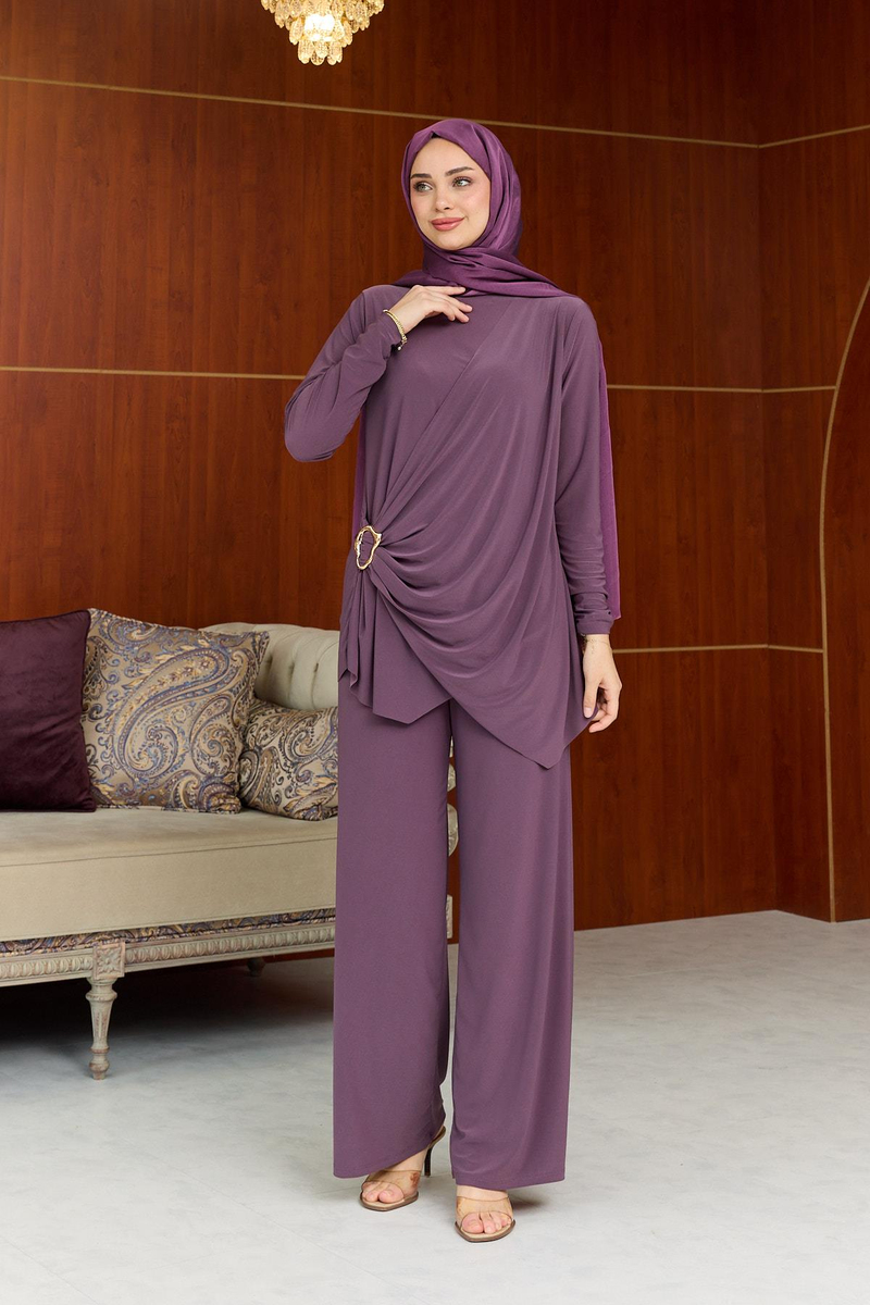 Sandy Kumaş Toka Detay Pantolonlu Takım - Gül - Resim 3
