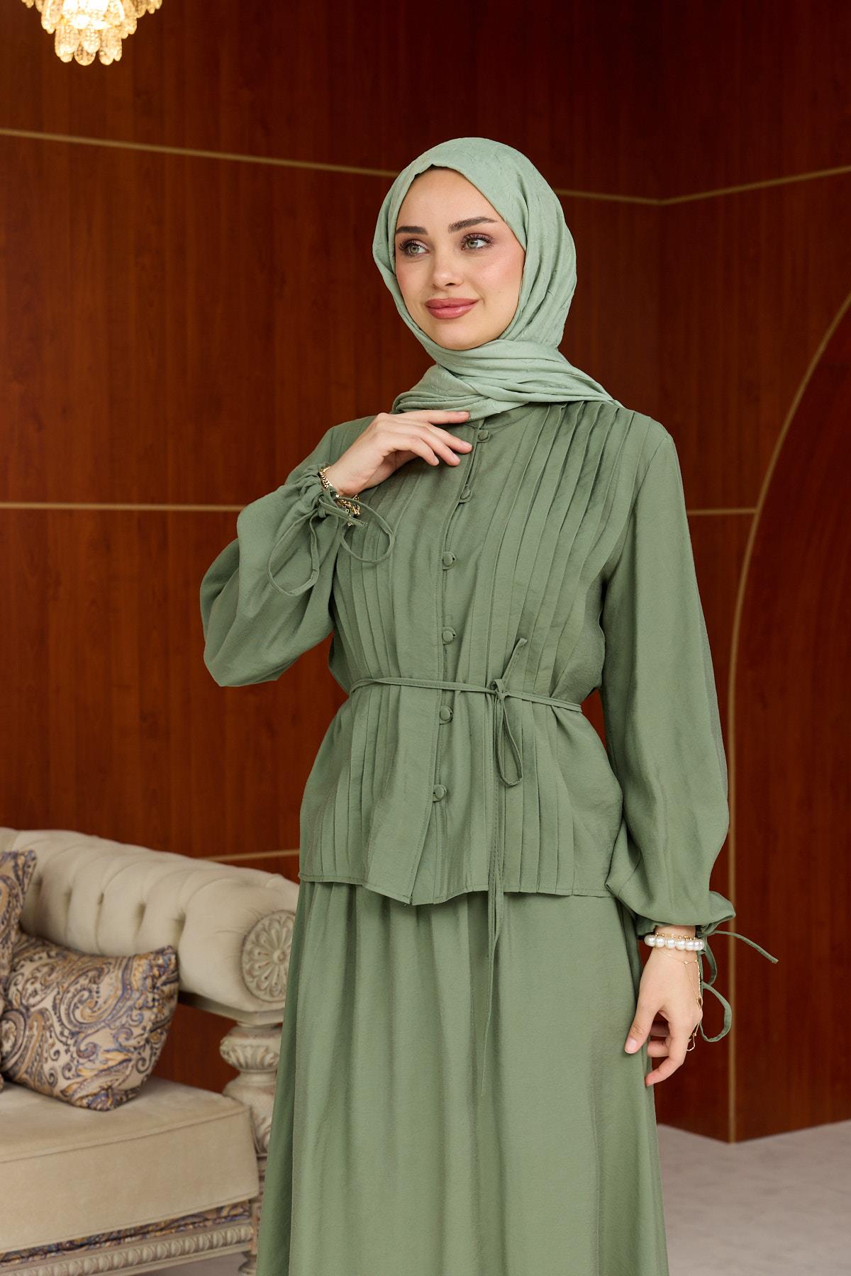 Ela Düğmeli Takım - Mint Yeşil - Resim 4