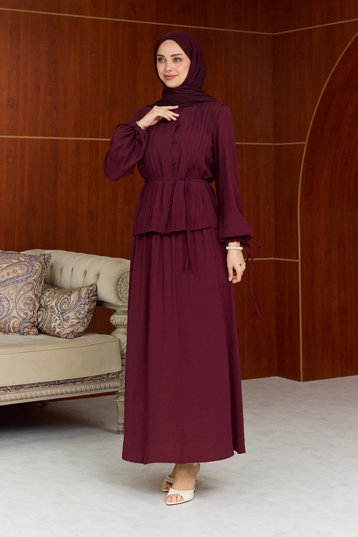 Ela Düğmeli Takım - Bordo