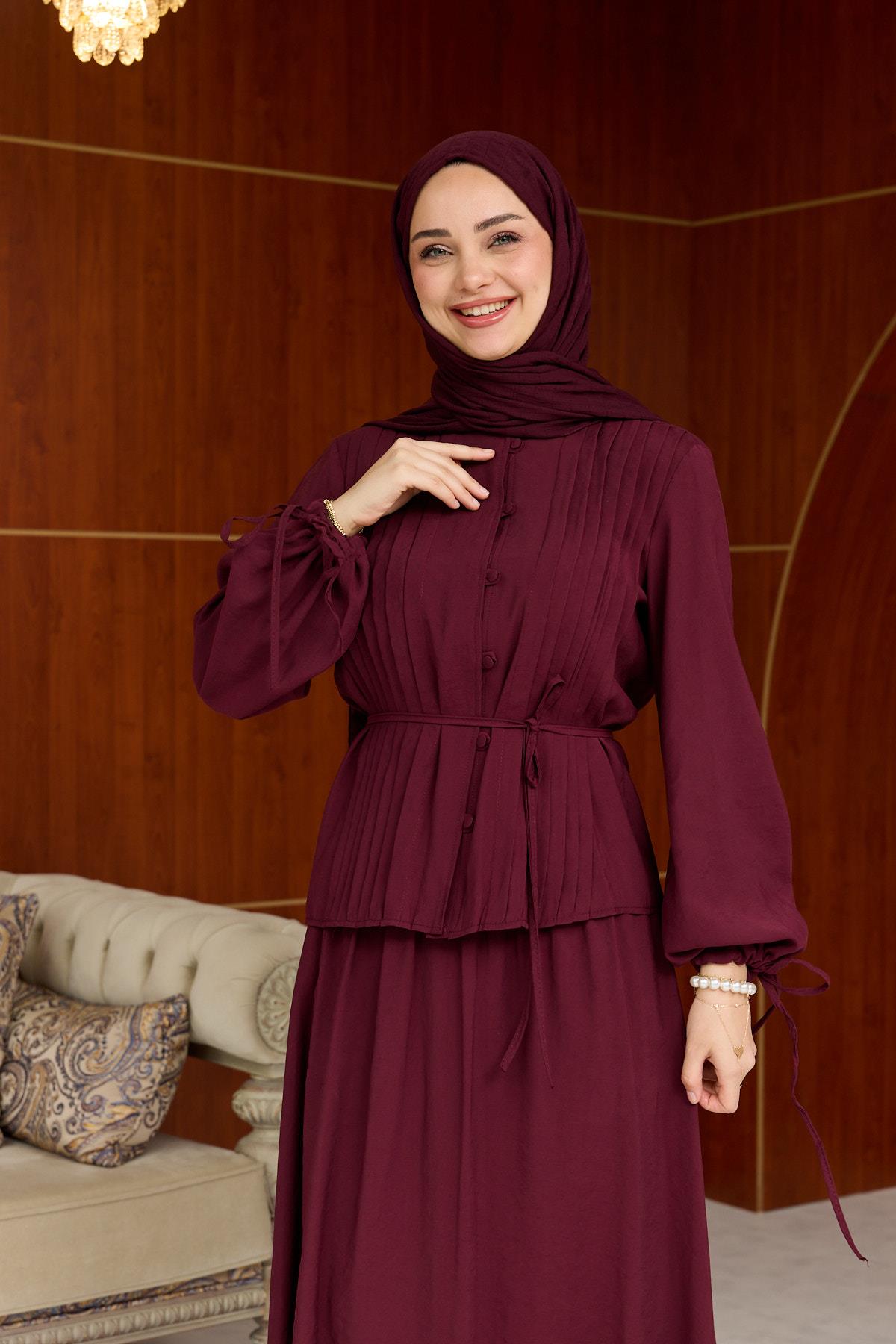 Ela Düğmeli Takım - Bordo - Resim 4