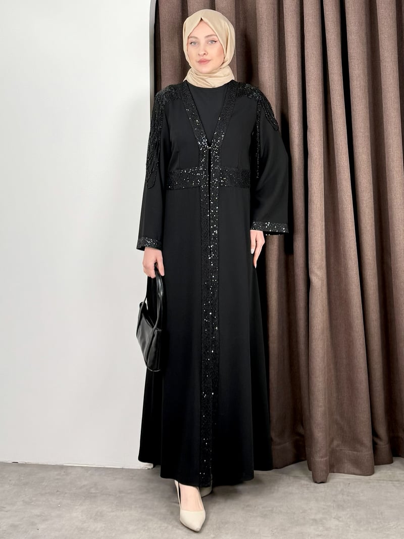 PAYET DETAY ABAYA TAKIM SİYAH
