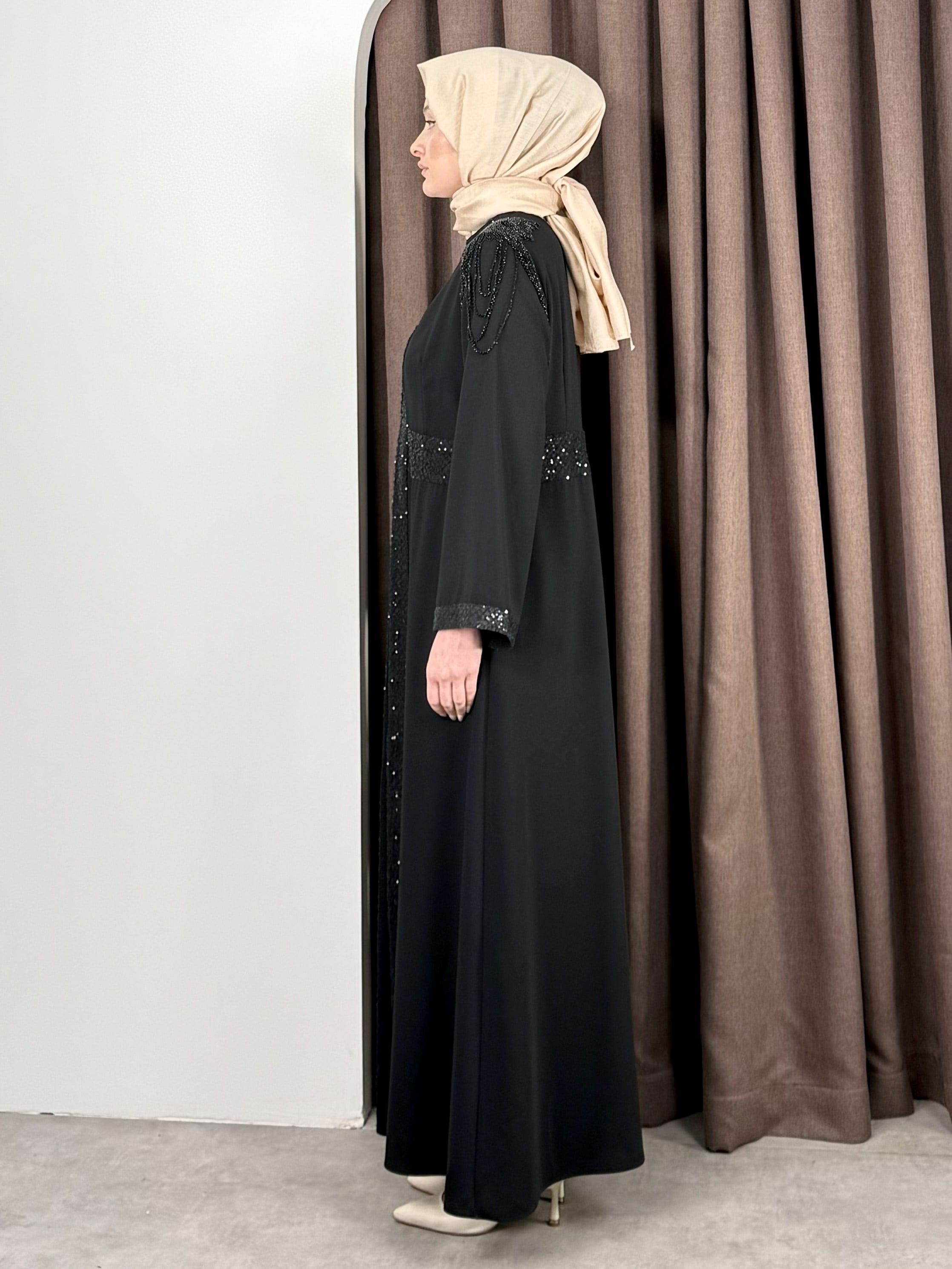 PAYET DETAY ABAYA TAKIM SİYAH - Resim 2