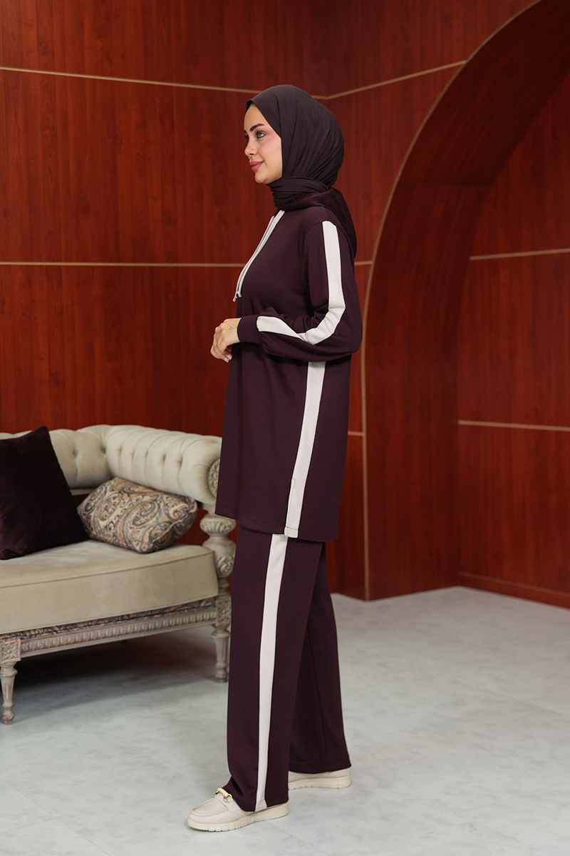 Semanur Çizgi  Detay Pantolonlu Takım - Bordo - Resim 3