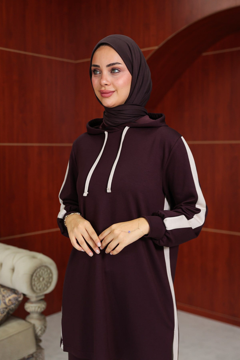 Semanur Çizgi  Detay Pantolonlu Takım - Bordo - Resim 4