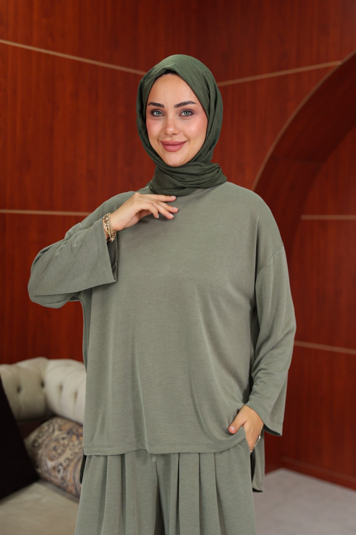 Melike  Tasarım Pantolonlu Takım - Haki - Resim 4