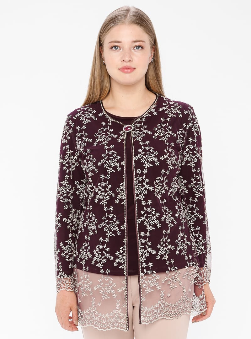 Simli Dantel Ceket&Bluz İkili Tesettür Abiye Takım - Mürdüm - Arıkan - Resim 2