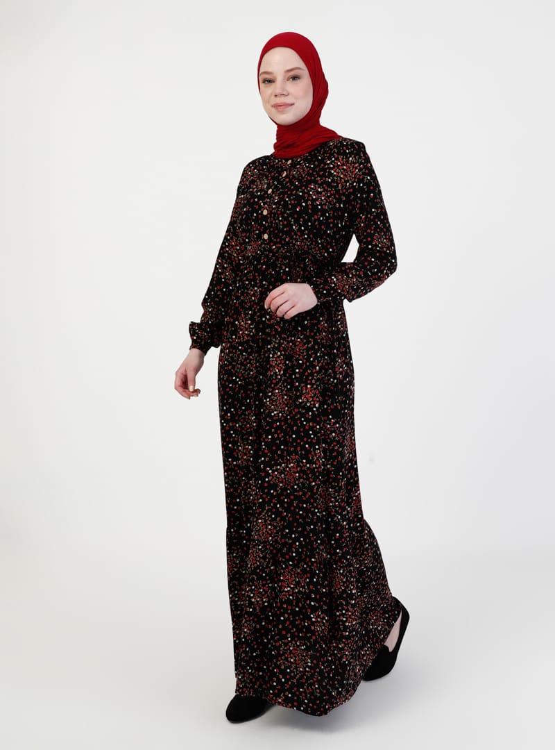 Çiçek Desenli Tesettür Elbise - Siyah - ZENANE - Resim 3