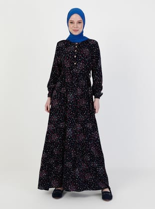 Çiçek Desenli Tesettür Elbise - Lacivert - ZENANE