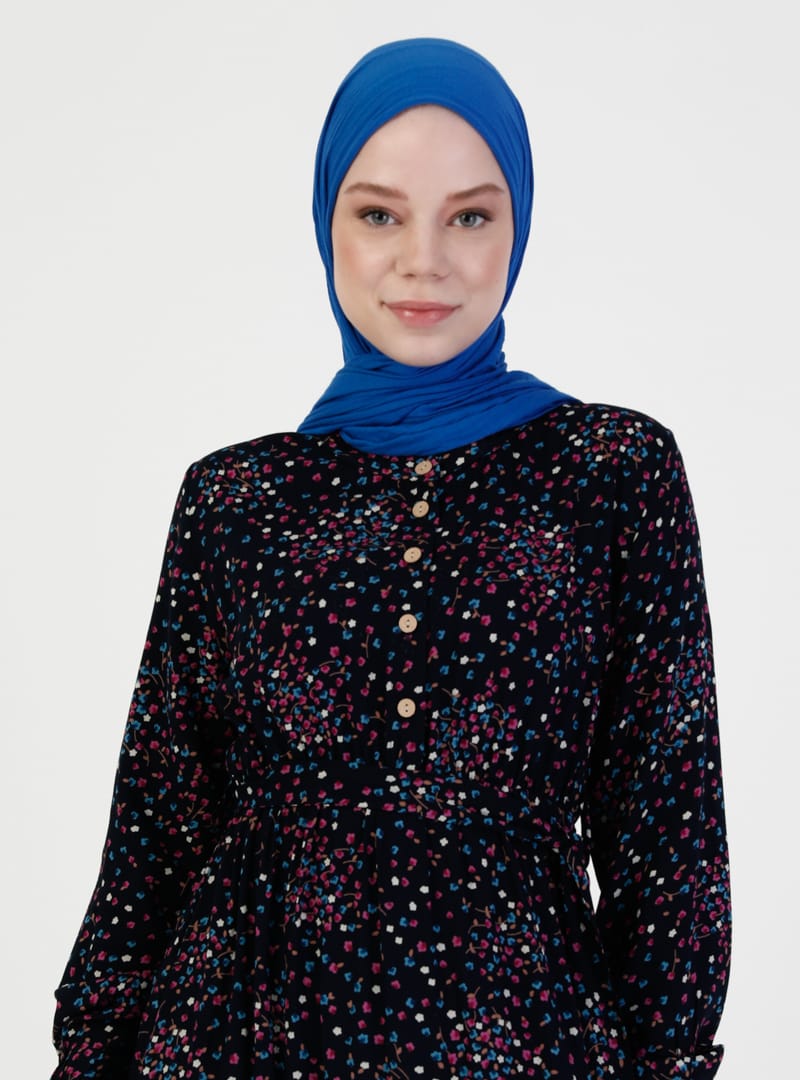 Çiçek Desenli Tesettür Elbise - Lacivert - ZENANE - Resim 2