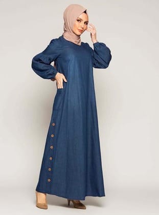 Yandan Düğmeli Balon Kollu Kot Elbise - Koyu Mavi - Burcu Fashion