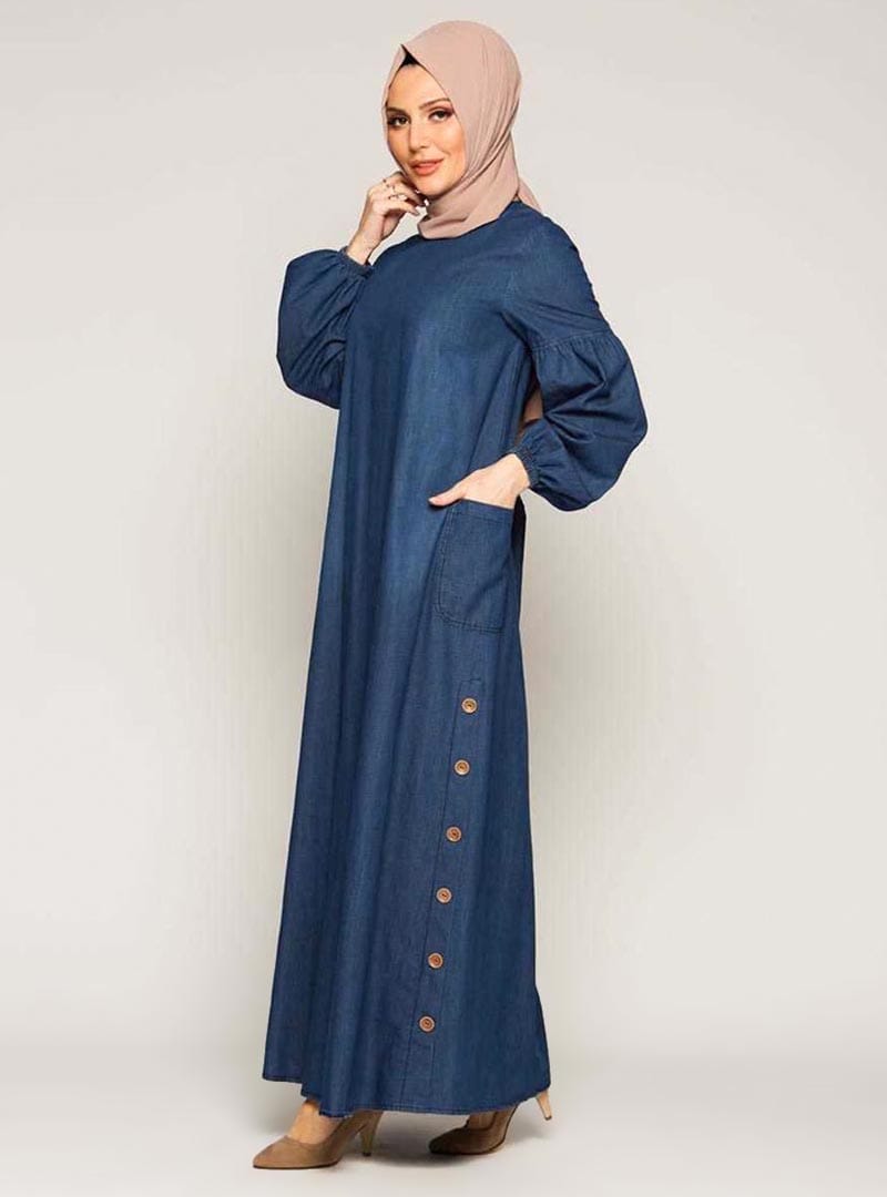Yandan Düğmeli Balon Kollu Kot Elbise - Koyu Mavi - Burcu Fashion - Resim 3