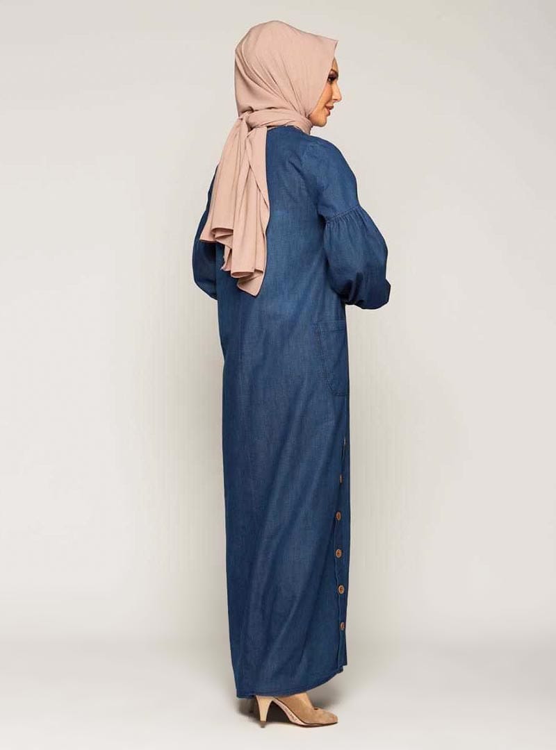 Yandan Düğmeli Balon Kollu Kot Elbise - Koyu Mavi - Burcu Fashion - Resim 4