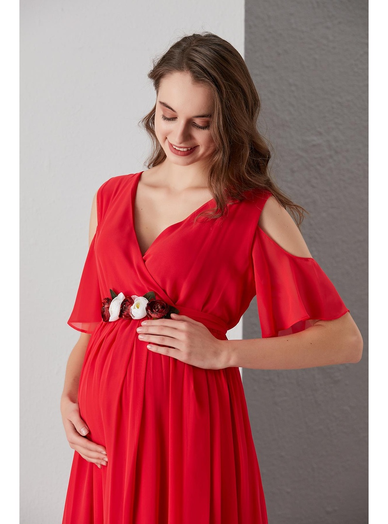 IŞŞIL 2919-Şakayık Kemer Baby Shower Şifon Elbise Kırmızı - Resim 3