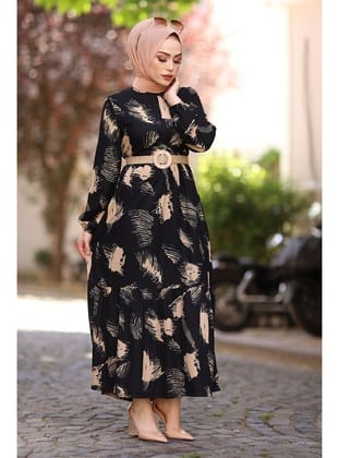 Fırça Desen Kemerli Elbise - Siyah