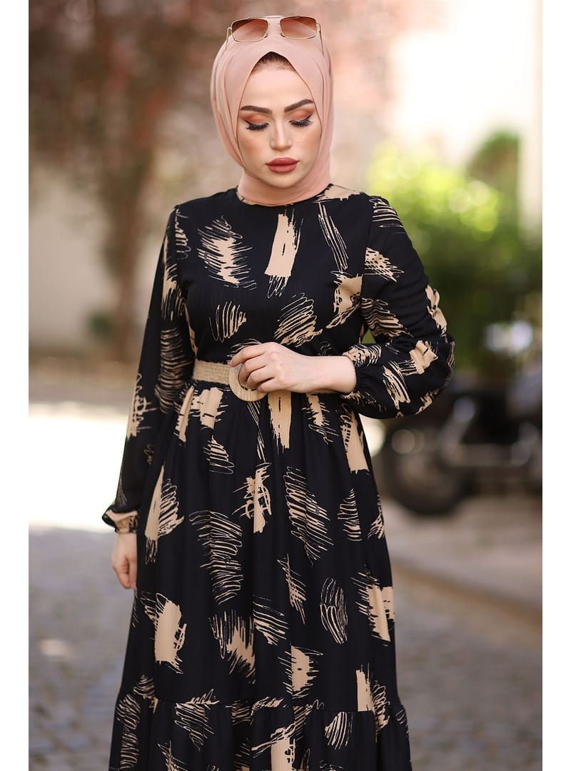 Fırça Desen Kemerli Elbise - Siyah - Resim 2