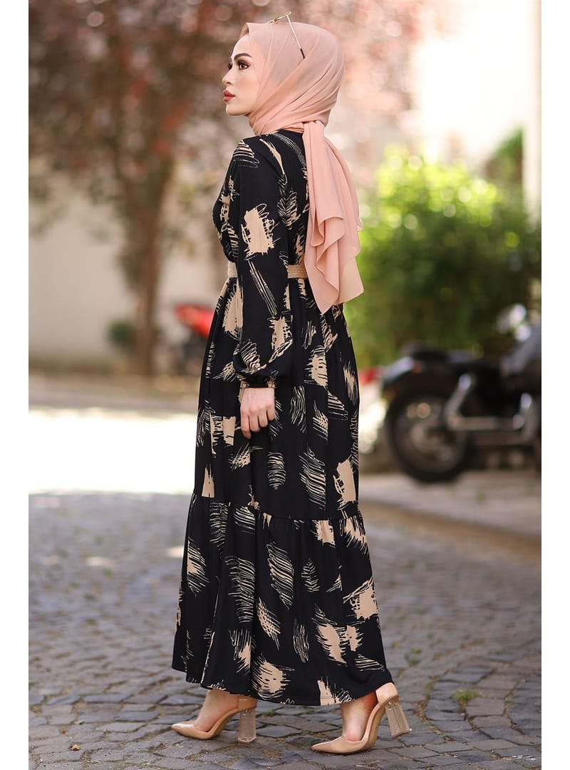 Fırça Desen Kemerli Elbise - Siyah - Resim 3