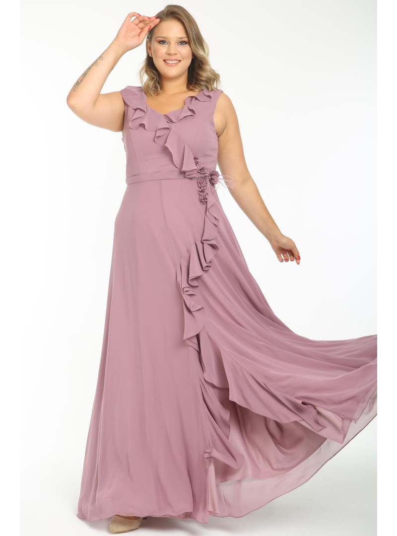 LADIES FIRST Büyük Beden 3507 Lila Uzun Abiye Elbise LİLA - Resim 2