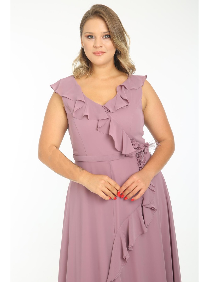 LADIES FIRST Büyük Beden 3507 Lila Uzun Abiye Elbise LİLA - Resim 4