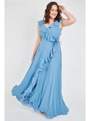 LADIES FIRST Büyük Beden 3507 İndigo Uzun Abiye Elbise İNDİGO