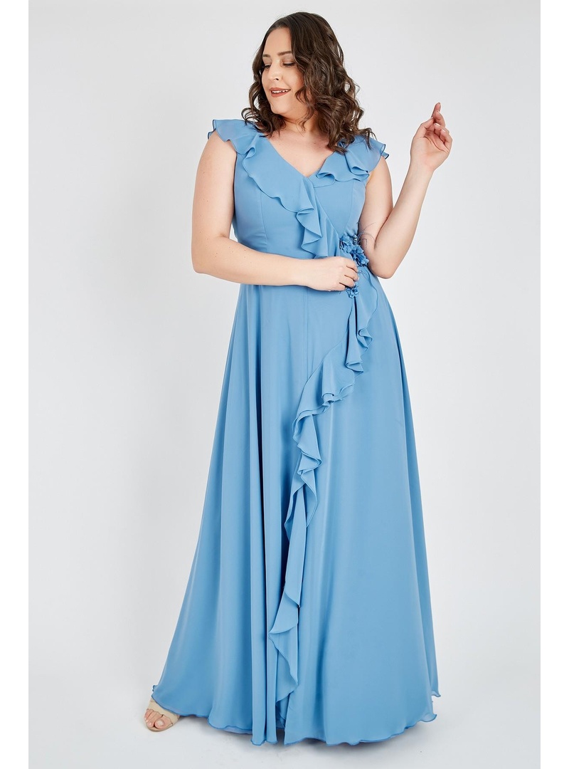 LADIES FIRST Büyük Beden 3507 İndigo Uzun Abiye Elbise İNDİGO - Resim 2