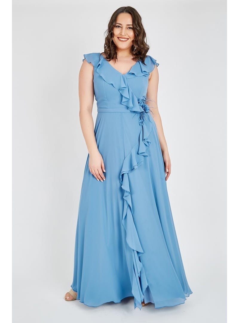 LADIES FIRST Büyük Beden 3507 İndigo Uzun Abiye Elbise İNDİGO - Resim 3