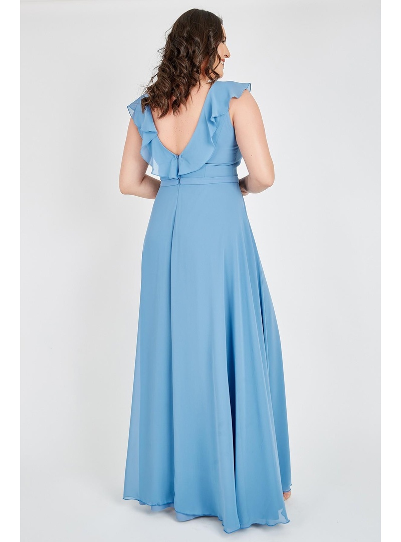 LADIES FIRST Büyük Beden 3507 İndigo Uzun Abiye Elbise İNDİGO - Resim 4