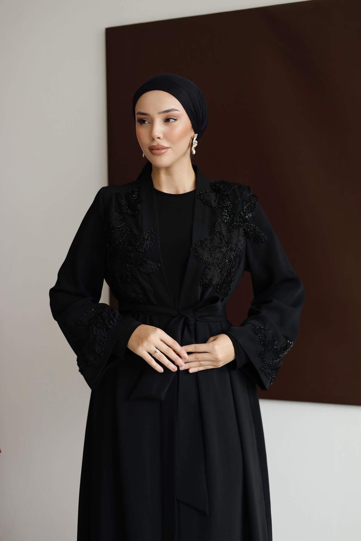 2587 O Abaya Takım-Siyah - Resim 3