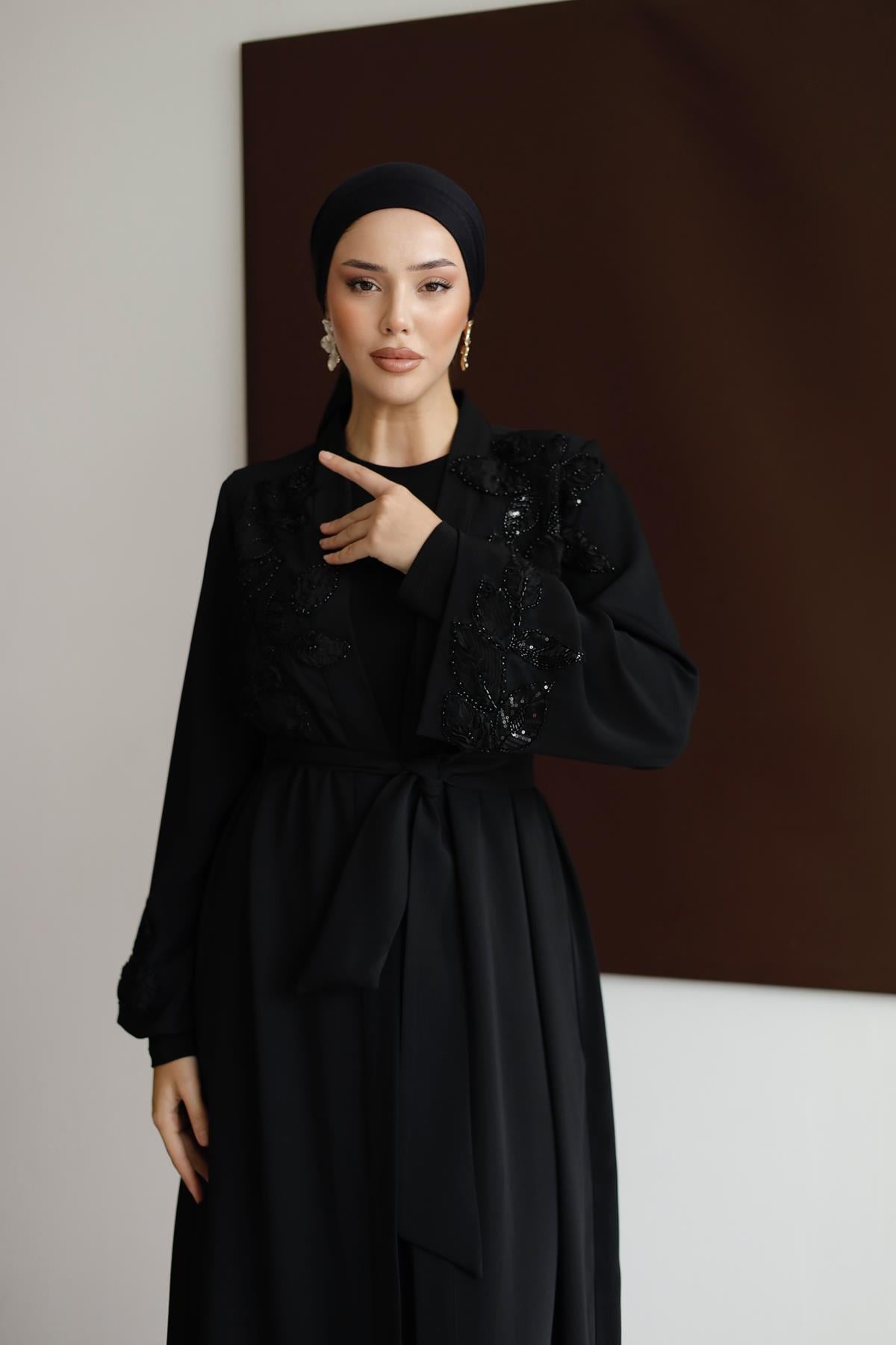 2587 O Abaya Takım-Siyah - Resim 4