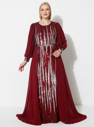 LADIES FIRST Büyük Beden 3421 Bordo Uzun Abiye Elbise BORDO