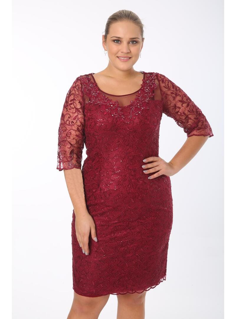 Büyük Beden 3676 Bordo Ara Boy Abiye Elbise BORDO - Resim 2