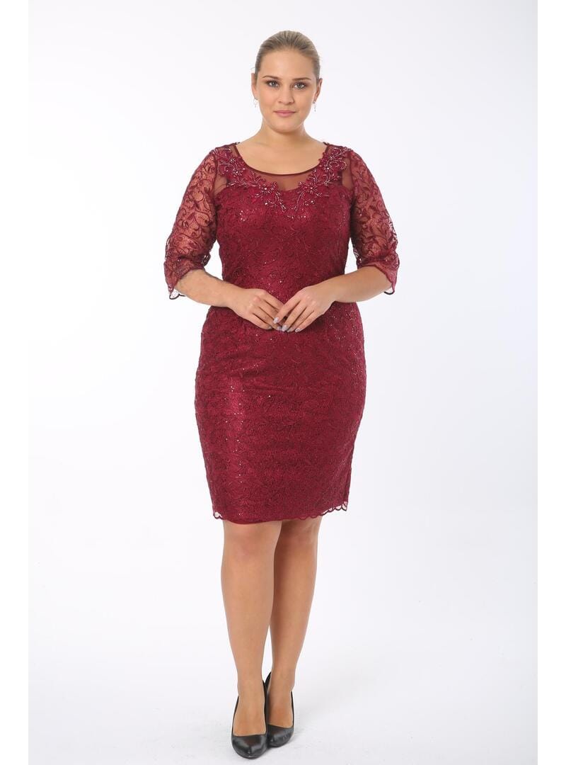 Büyük Beden 3676 Bordo Ara Boy Abiye Elbise BORDO - Resim 3