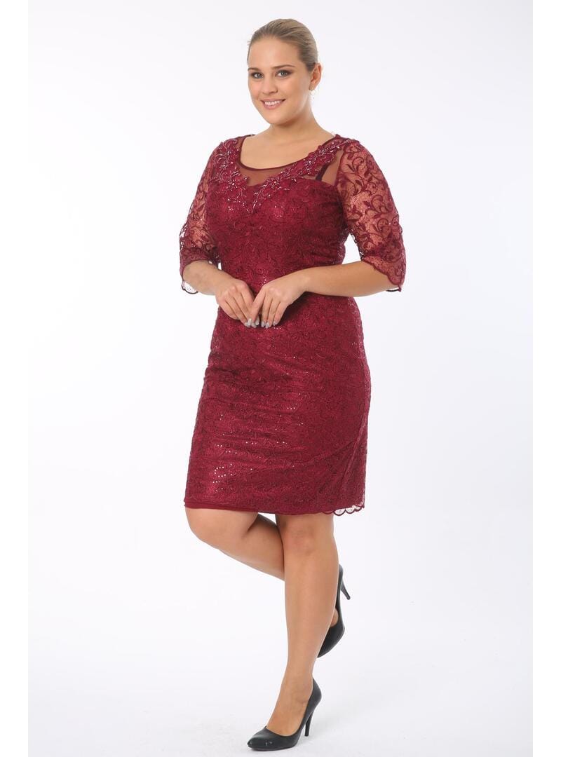 Büyük Beden 3676 Bordo Ara Boy Abiye Elbise BORDO - Resim 4