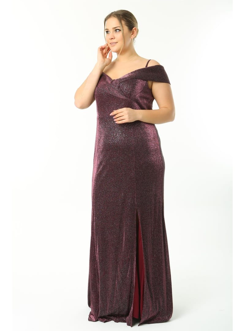 Büyük Beden 3159 Mürdüm Uzun Abiye Elbise MÜRDÜM - Resim 2