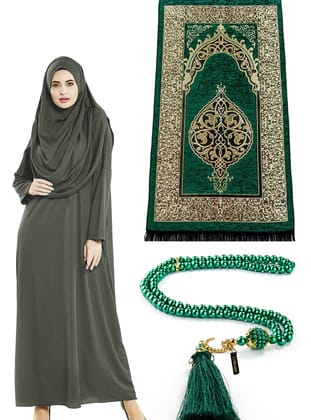Tek Parça Namaz Elbisesi - Seccade - Tesbih - İbadet Seti - Haki Haki