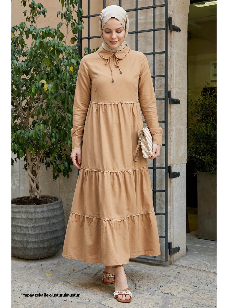Lesina Bebe Yaka Bağlamalı Salaş Elbise - Bej - Resim 2