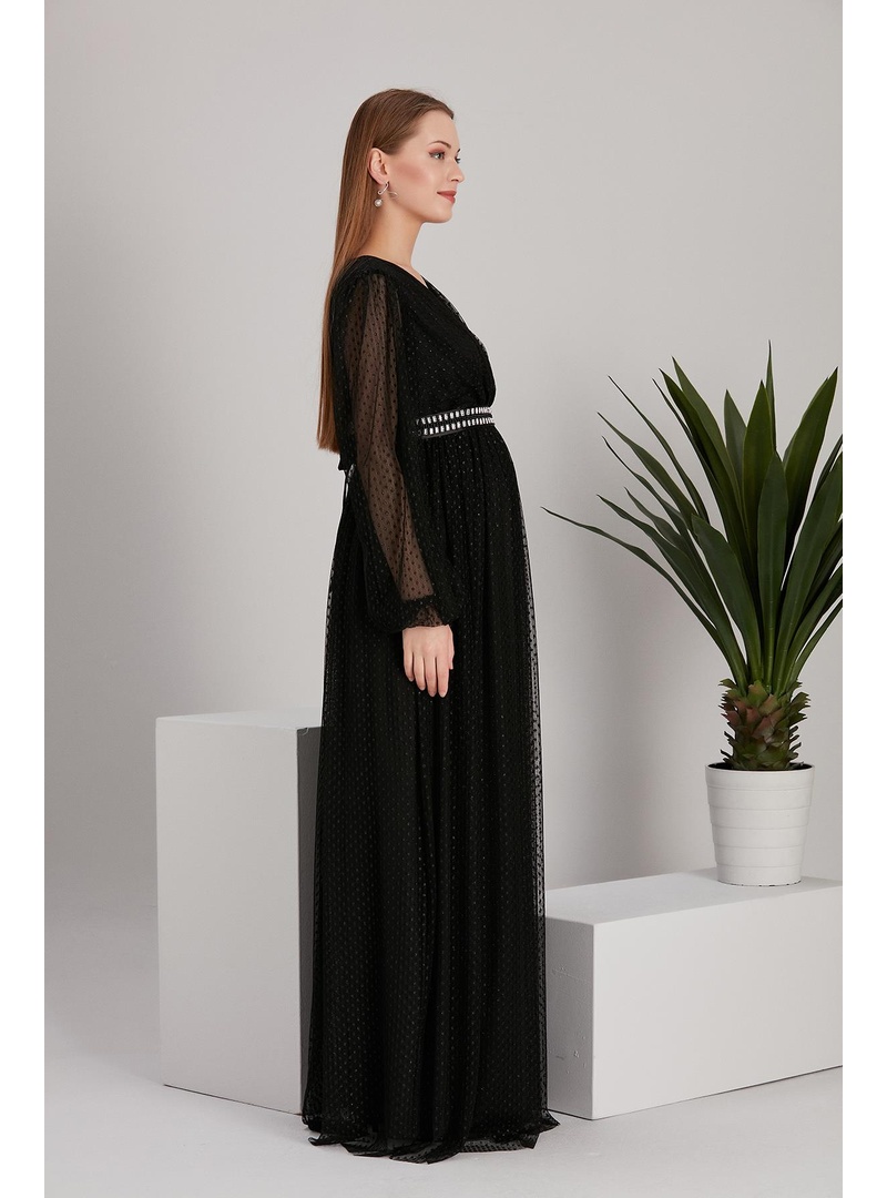 IŞŞIL A0024-Sim Puanlı Tül Maxi Hamile Abiye-BabyShower Elbise Siyah - Resim 2