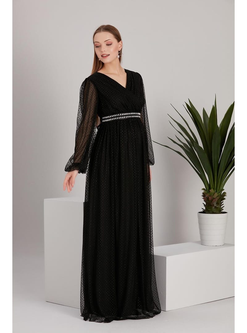 IŞŞIL A0024-Sim Puanlı Tül Maxi Hamile Abiye-BabyShower Elbise Siyah - Resim 3