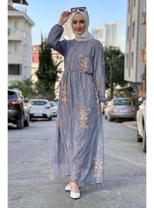 Beli Lastikli Şifon Elbise Gri