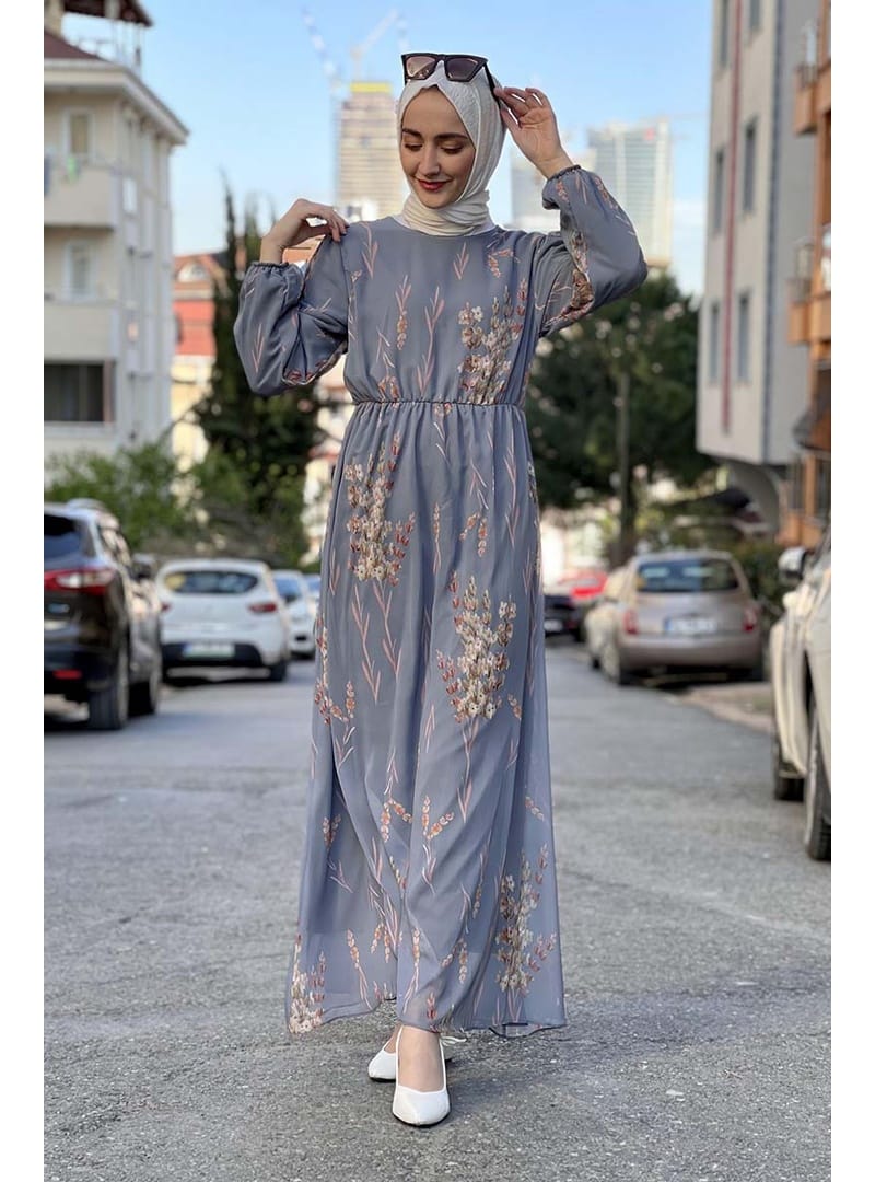 Beli Lastikli Şifon Elbise Gri - Resim 2