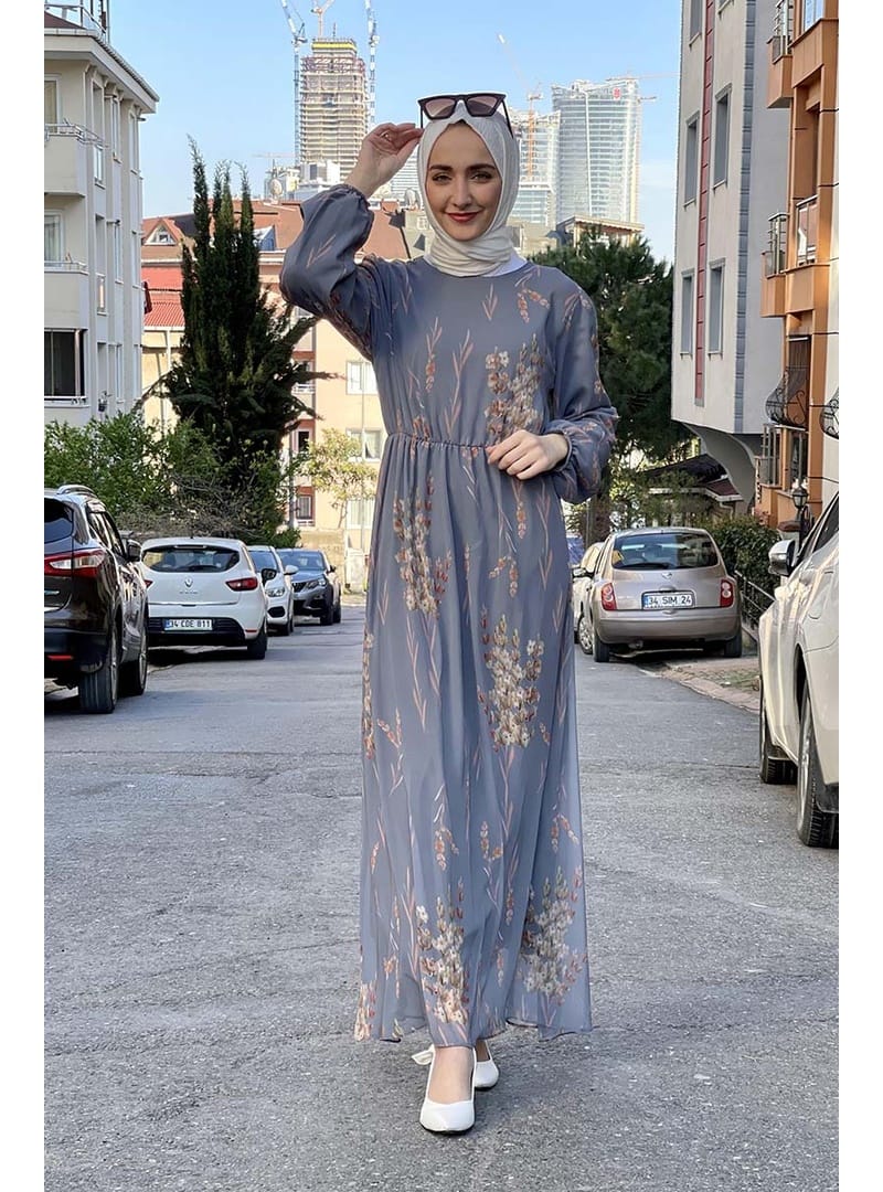 Beli Lastikli Şifon Elbise Gri - Resim 3