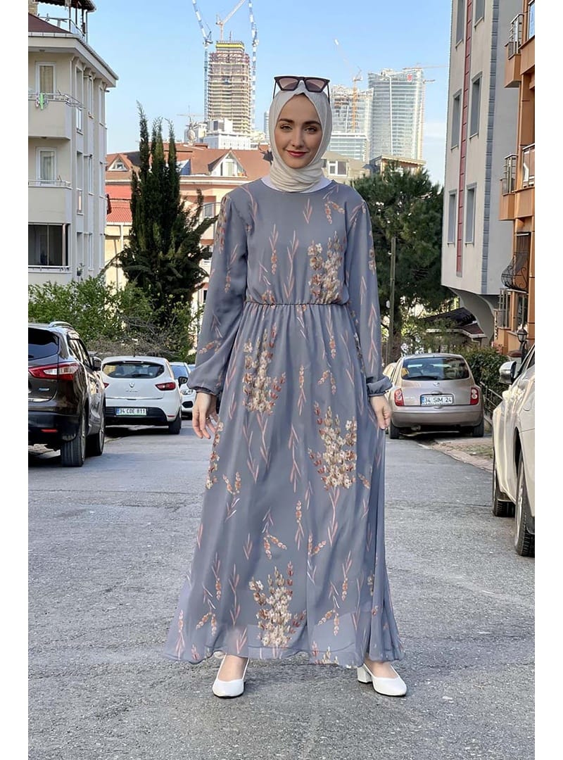 Beli Lastikli Şifon Elbise Gri - Resim 4